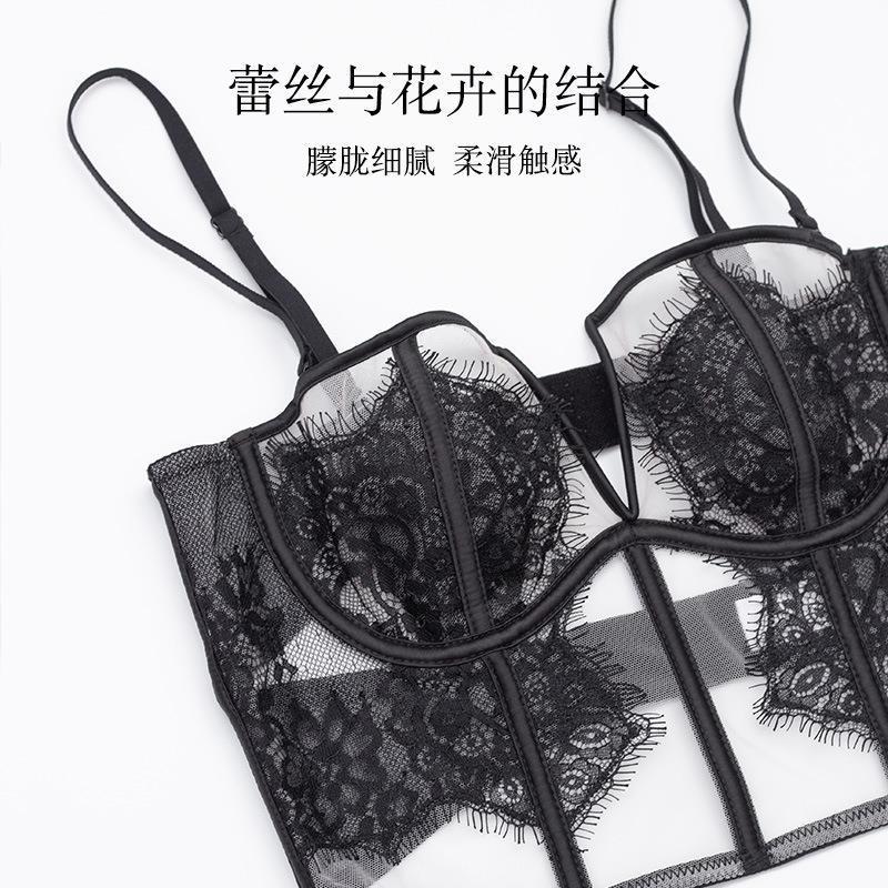法式內衣女性感睫毛蕾絲薄款大胸顯小文胸軟鋼圈美背聚攏文胸套裝