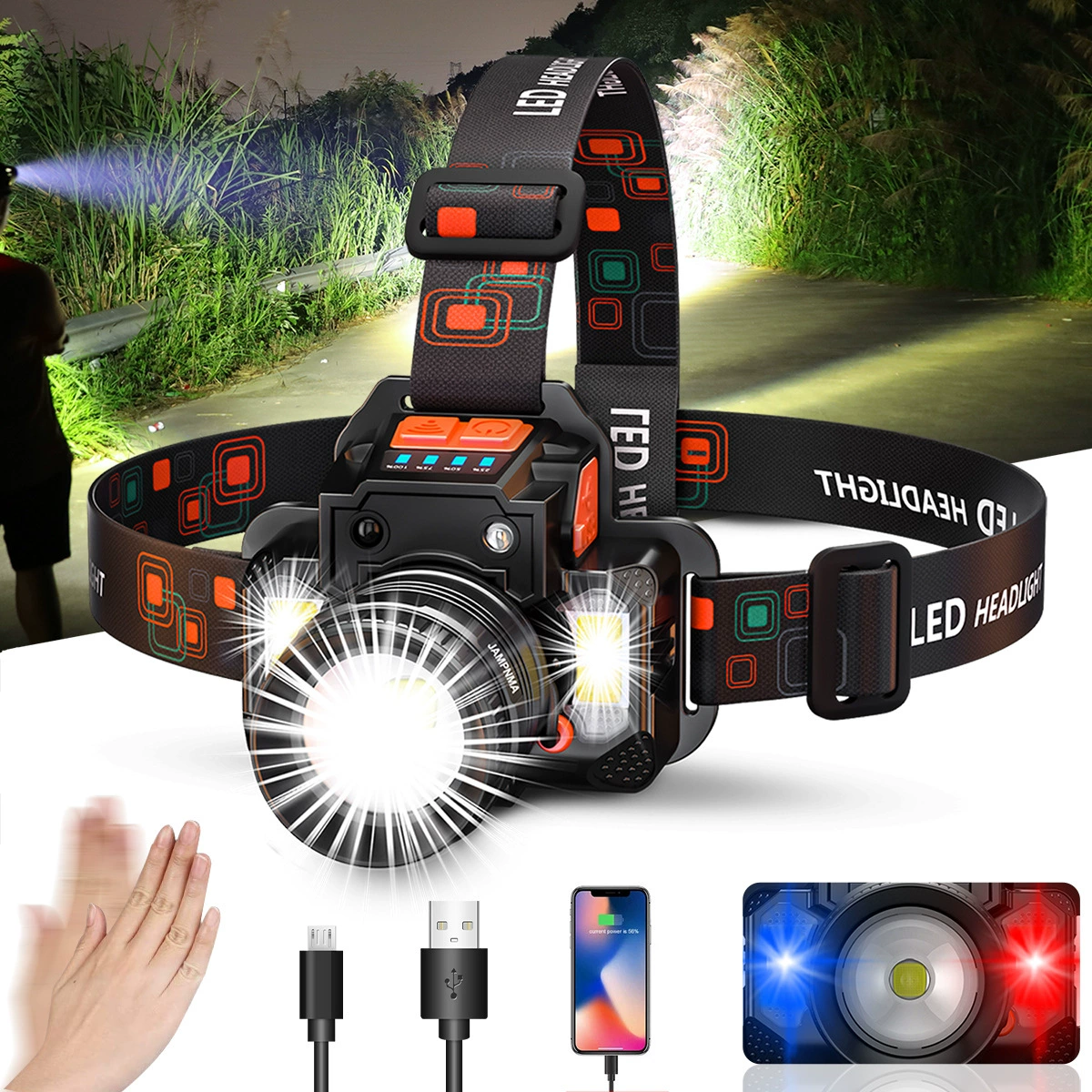 Длинный срок службы фары сильный свет литиевая электрическая зарядная индукционная шахтная лампа наружный сильный свет светодиодные фары оптовая продажа