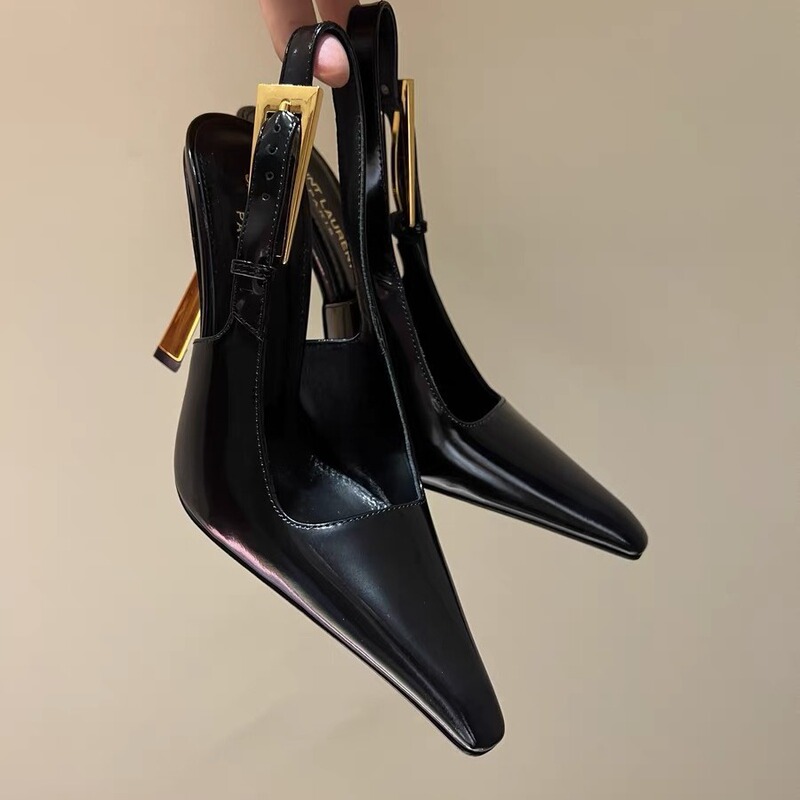 High-set version of Yang Shulin new small gold bar high heels pointed back empty shallow mouth royal sister wind word with toe sandals