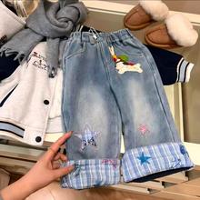 女童加绒牛仔裤2025冬季新款涂鸦拼接裤子儿童韩版百搭加厚直筒裤