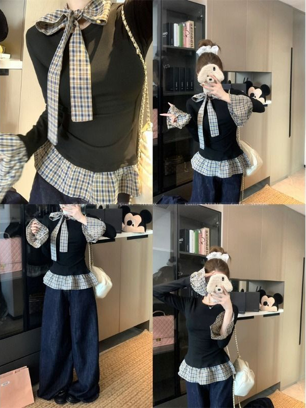 格子蝴蝶结假两件打底衫女春秋冬内搭独特别致设计感小众长袖上衣|undefined