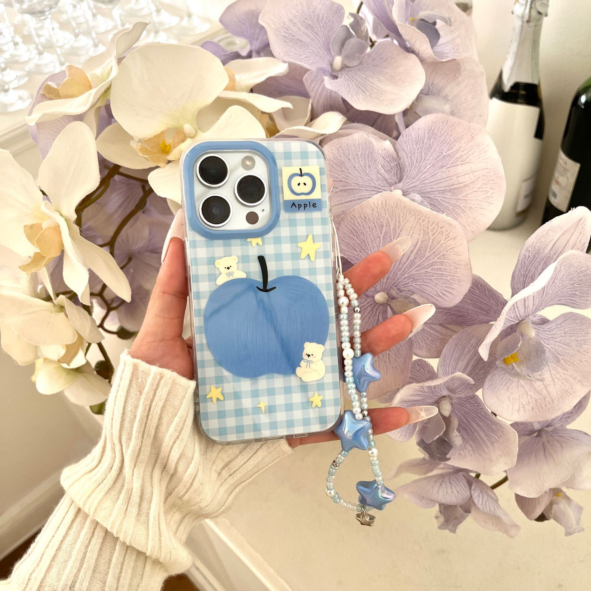 Coreano azul a cuadros Apple Bear para iPhone15Pro Pareja Funda para teléfono móvil 16ProMax Nuevo 14/13