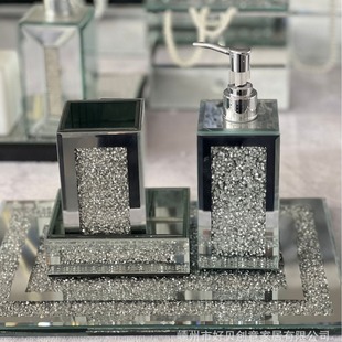 Factory direct bathroom four-piece mirror diamond hand sanitizer bottle mirror cotton swab box soap box toothbrush holder