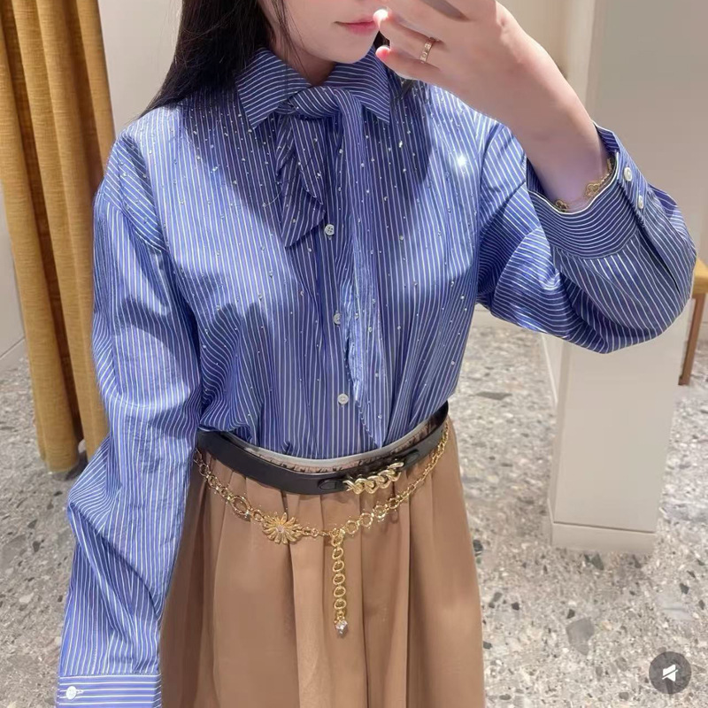 M 2026 Early Spring New Women's Clothing French-Style Rhinestone Craftsmanship Detachable Bow Tie Striped Short Shirt