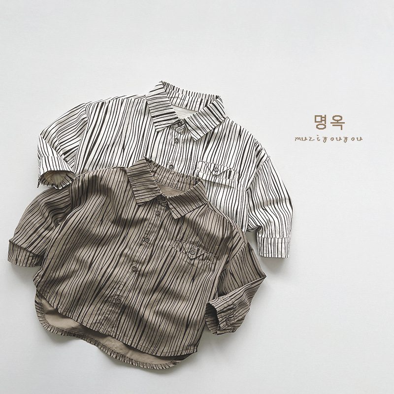 Estilo coreano ~ camisa para niños 2024 primavera niños rayas verticales superior personalizada de las mujeres estilo japonés coreano ropa de moda para niños