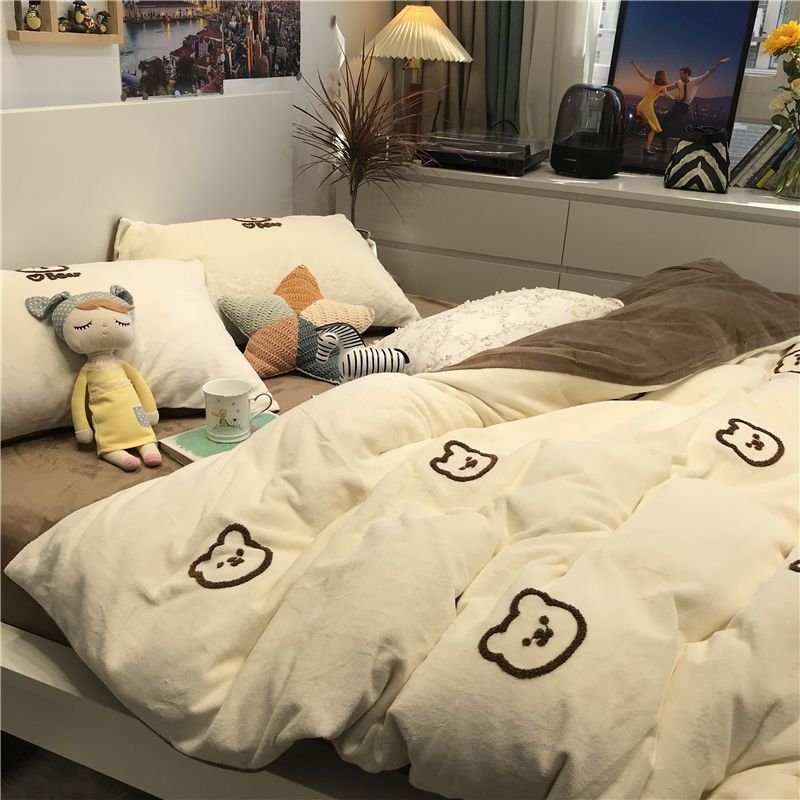 ins 和風レトロブラウンキルトカバー寝具4点セット無地シンプルキルトシーツ寮3点セット|undefined