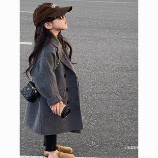 South Korea children's clothing 2024 autumn new gray temperament lapel windbreaker coat children's long woolen coat trendy