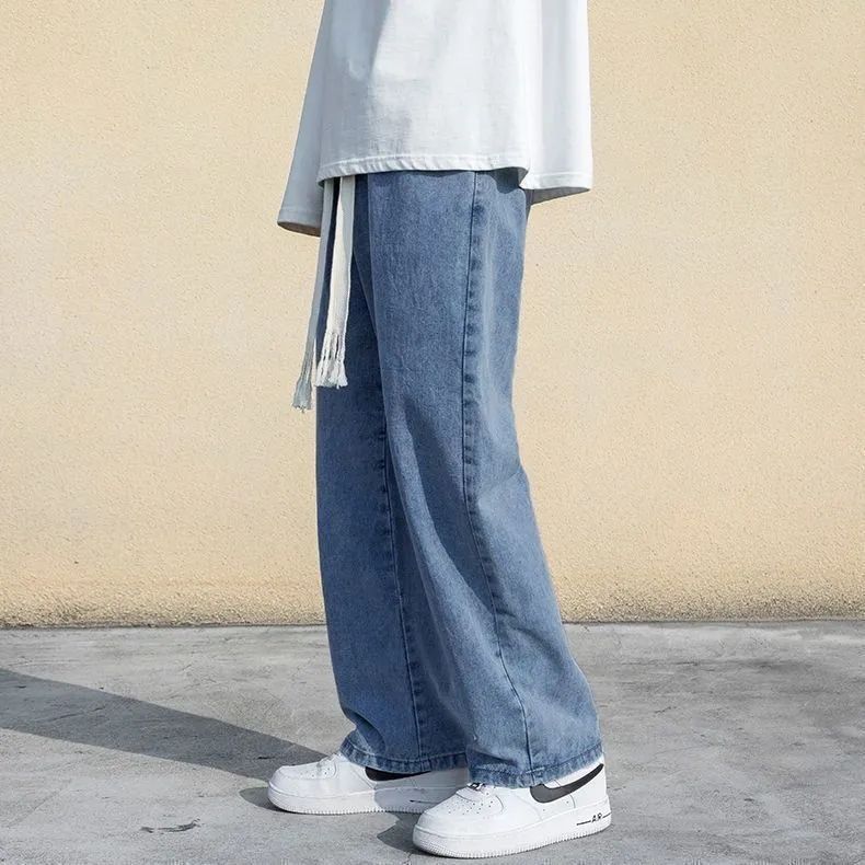 Jeans de cintura elástica de tamaño grande, pantalones rectos de primavera y otoño, pantalones sueltos retro, nuevos pantalones de moda de estilo americano de Hong Kong.