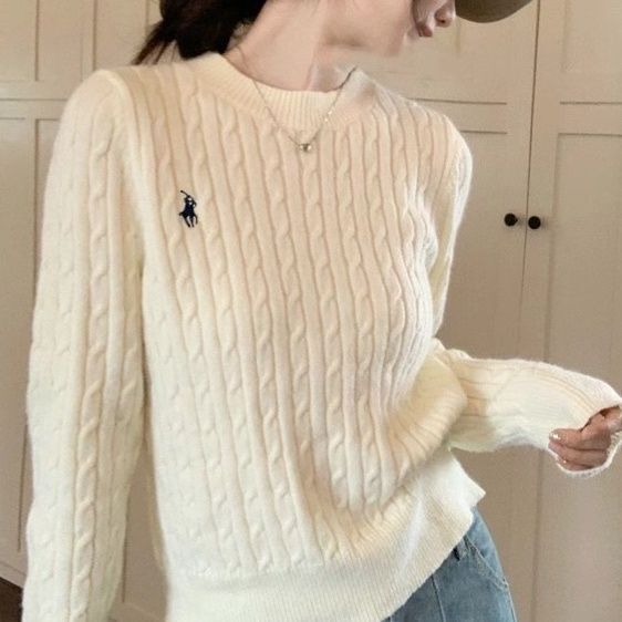 College Loose Style Off-White Knitwear Top Autumn and Winter Design Embroidered Twist Knitwear Long-Sleeved Pullover Base