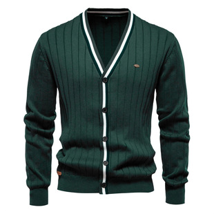 2024 Autumn and Winter New Cardigan Men's V-neck Long-sleeved Sweater Trendy Contrast Color Trim Men's Knitted Jacket