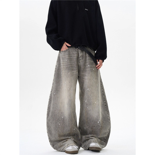 Design sense retro washed vintage gray splashed ink cowboy jeans men's and women's trendy American street style loose pants