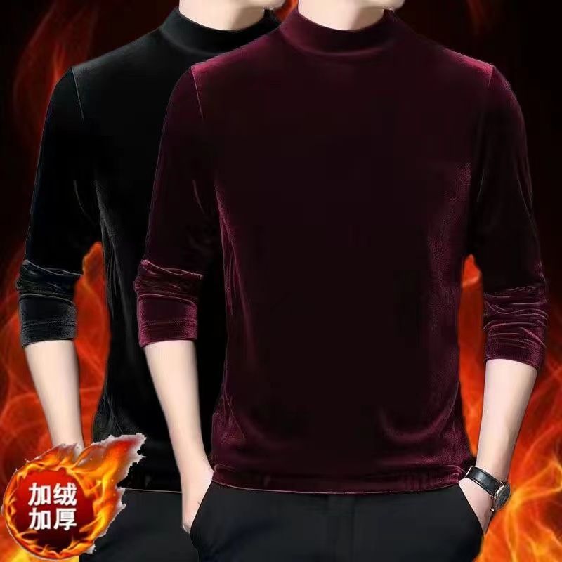 Fuente fabricante otoño e invierno suéter de terciopelo dorado tendencia cuello medio alto más ropa interior térmica gruesa de terciopelo camisa de fondo para hombres