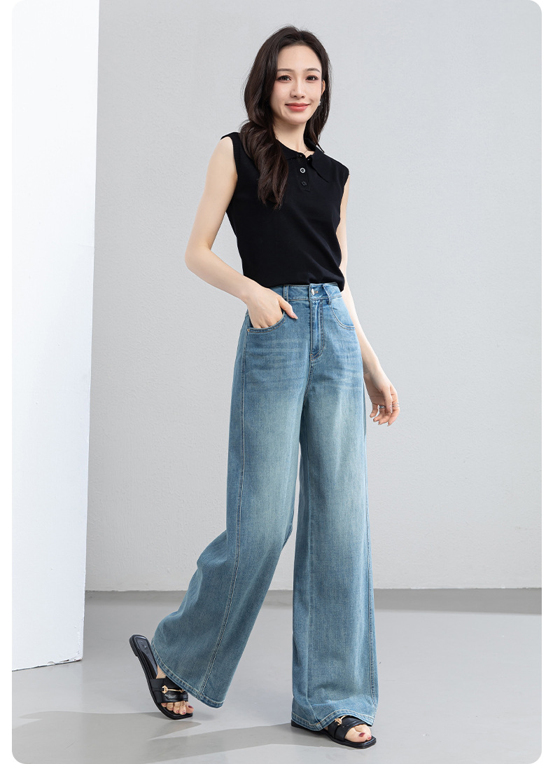 Quần jean nữ ống rộng cạp cao chất vải denim pha sợi tencel mềm mại — xanh lam chi tiết 25