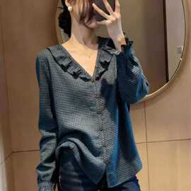 一件代发直播爆款格子荷叶边衬衫女2026春季新款显瘦长袖衬衣上衣