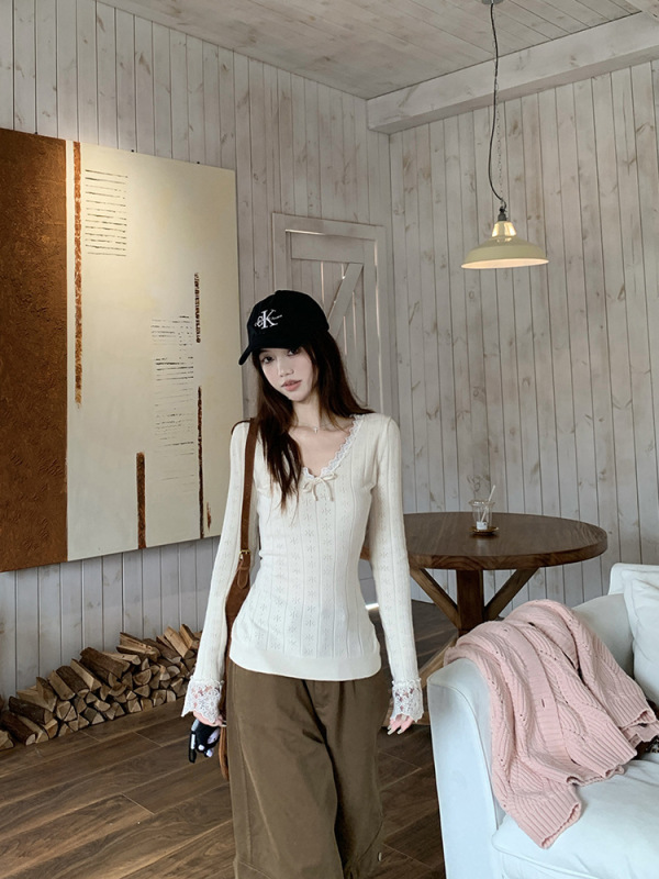 韩系花边蝴蝶结v领长袖T恤女2025秋季新款设计感叠穿修身打底上衣|undefined