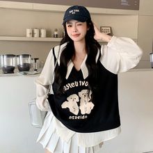 大码女装2025春装假两件印花衬衫新款上衣胖减龄学院风针织背心