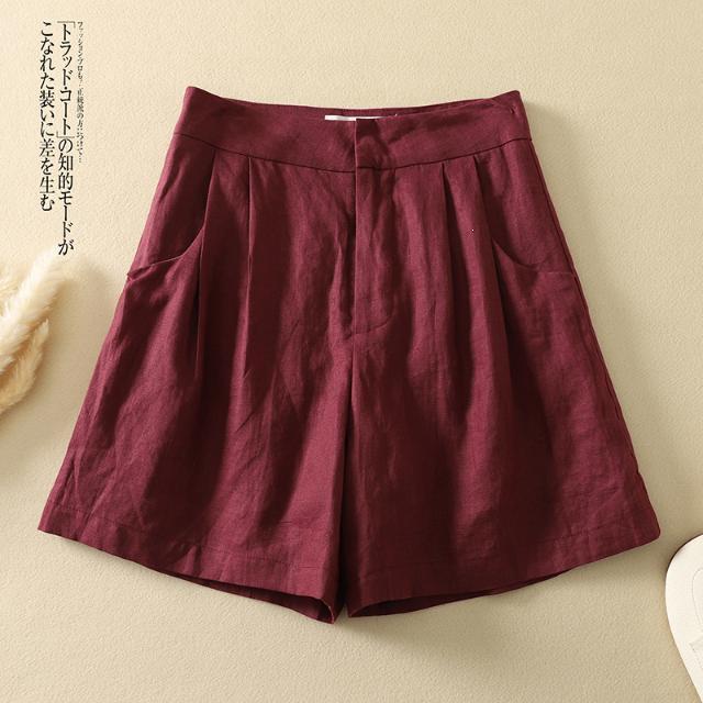 Discount Women's Retro Cotton and Linen Casual Wide-Leg Shorts Summer High-Waisted Solid Color Versatile A-Line Hot Pants