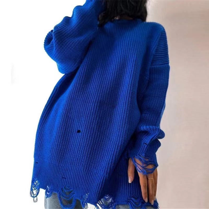 Women's Sweater Long Sleeve Sweaters & Cardigans Ripped Casual Solid Color display picture 4