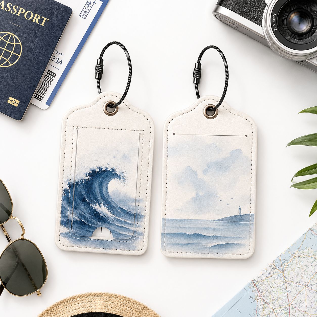 Cross-border PU leather luggage tag, available in multiple colors, customizable, in stock, with metal lanyard and identification label card