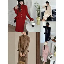 实拍韩国东大门荷叶边修身长袖领两件套连衣裙毛衣