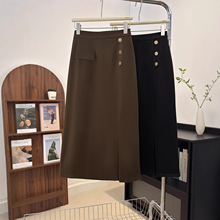百搭单排扣毛呢A字包臀裙女韩版时尚不规则垂感开叉半身长裙9775