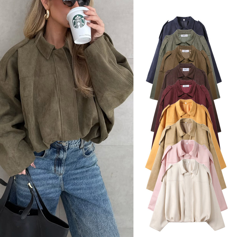 Ready Stock Cross-Border Women's Clothing Wholesale European and American Style Suede Loose Jacket Autumn Suede Bomber Jacket Available in 9 Colors