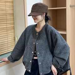 单排扣圆领羊毛呢料短款外套女2025秋季新款休闲宽松百搭夹克上衣