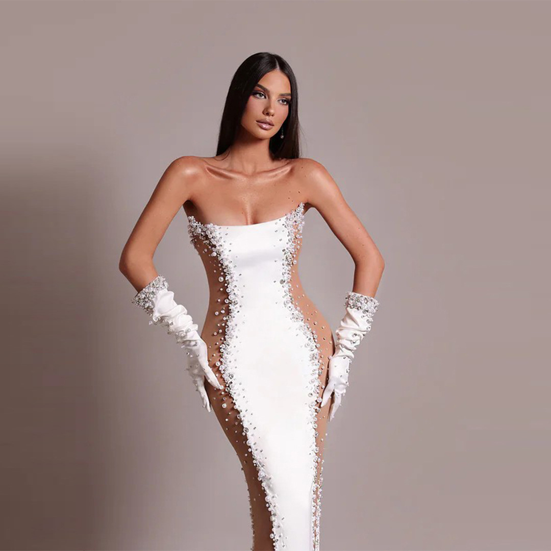 European and American Fashion Pearl Beaded Mesh Party Evening Dress Women's Tube Top Dress Bandage Skirt Aliexpress New Light Luxury