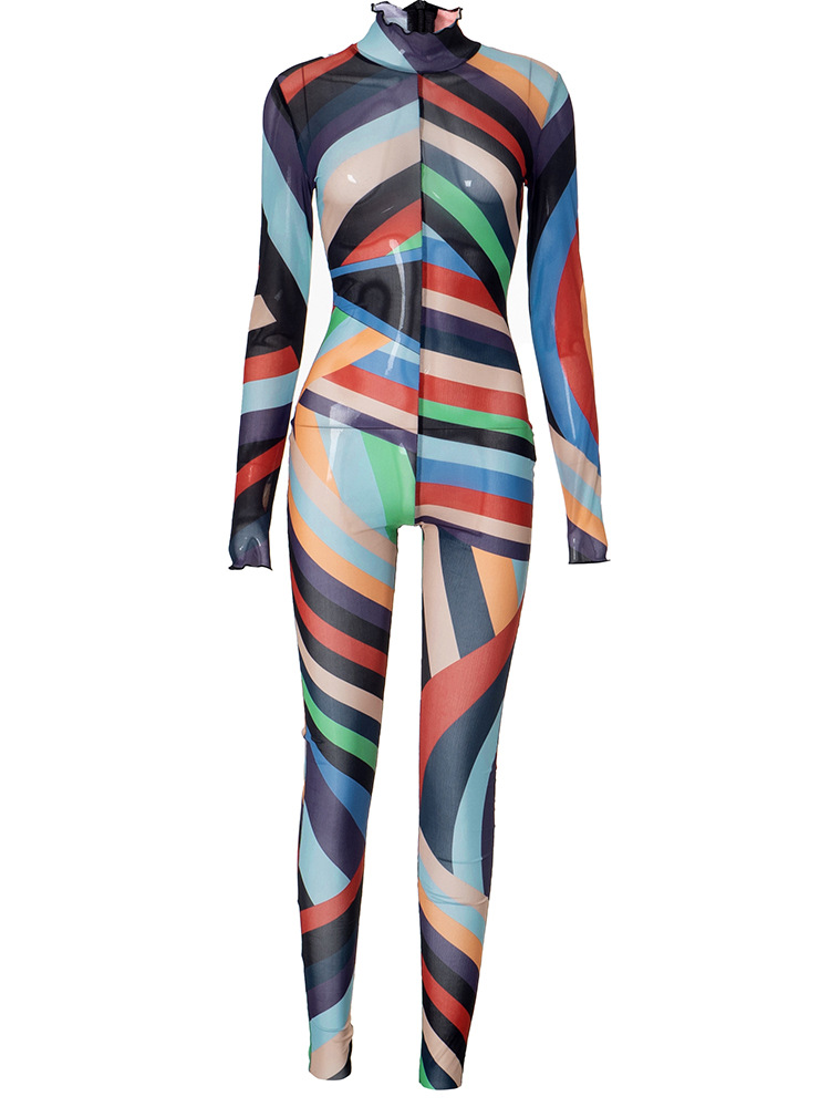 Fall Sexy Mesh Floral Print Jumpsuit for Women