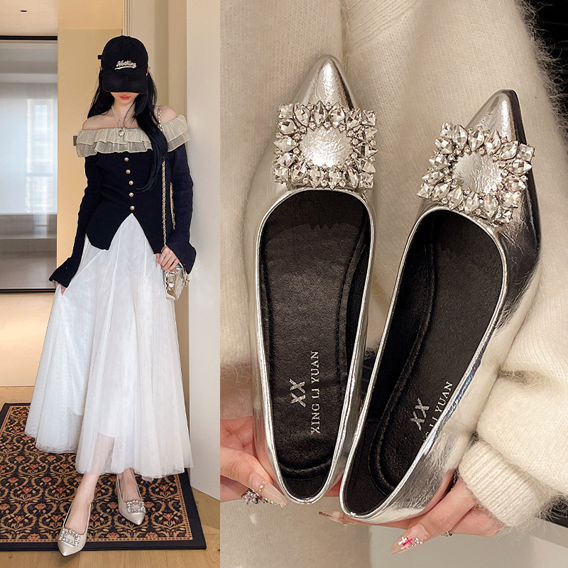 Women's Pointed Toe Shallow Mouth Shoes with Hidden Wedge, Summer and Autumn 2025, Square Buckle, Rhinestone, Genuine Soft Leather, Commuter Flats Women's Pointed Toe Shallow Mouth Shoes with Hidden Wedge, Summer and Autumn 2025, Square Buckle, Rhinestone, Genuine Soft Leather, Commuter Flats