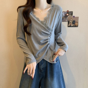 Large Size Lace Splicing Sequin Collar Long-Sleeved Shirt for Women Spring New Fat Loose Slimming Irregular Bottoming Shirt