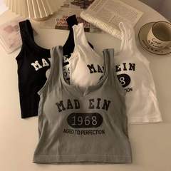 Breast pad included, ribbed, versatile V-neck letter print tank top for women with hidden bralette design