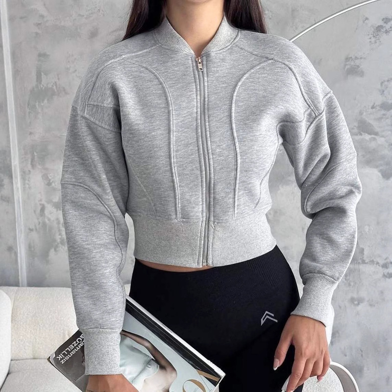 Cross-Border Amazon New Autumn and Winter Sports Retro Stand-Up Collar Zipper Jacket Short Jacket Baseball Uniform Women's Sweatshirt