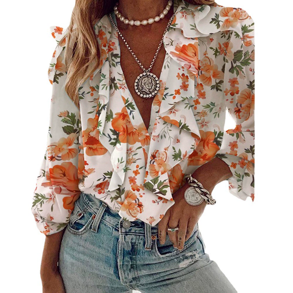 Autumn long-sleeve, shirt, European style, plus size, V-neckline