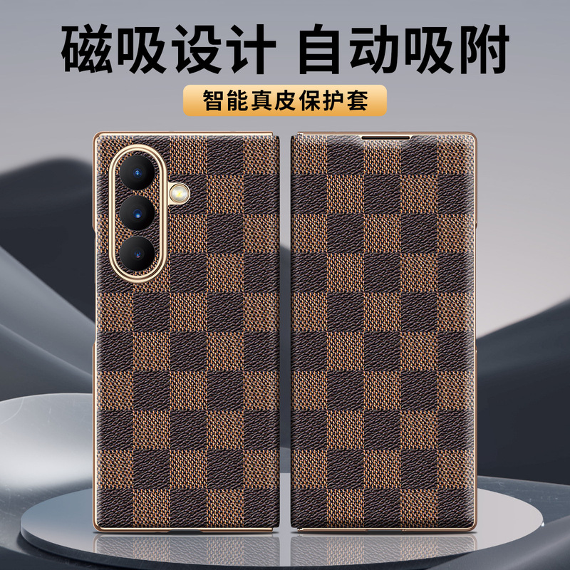 Suitable for Samsung W26/25/Zfold7 Mobile Phone Case Magnetic Flip Electroplated Gold Edge Genuine Leather Plaid Protective Cover