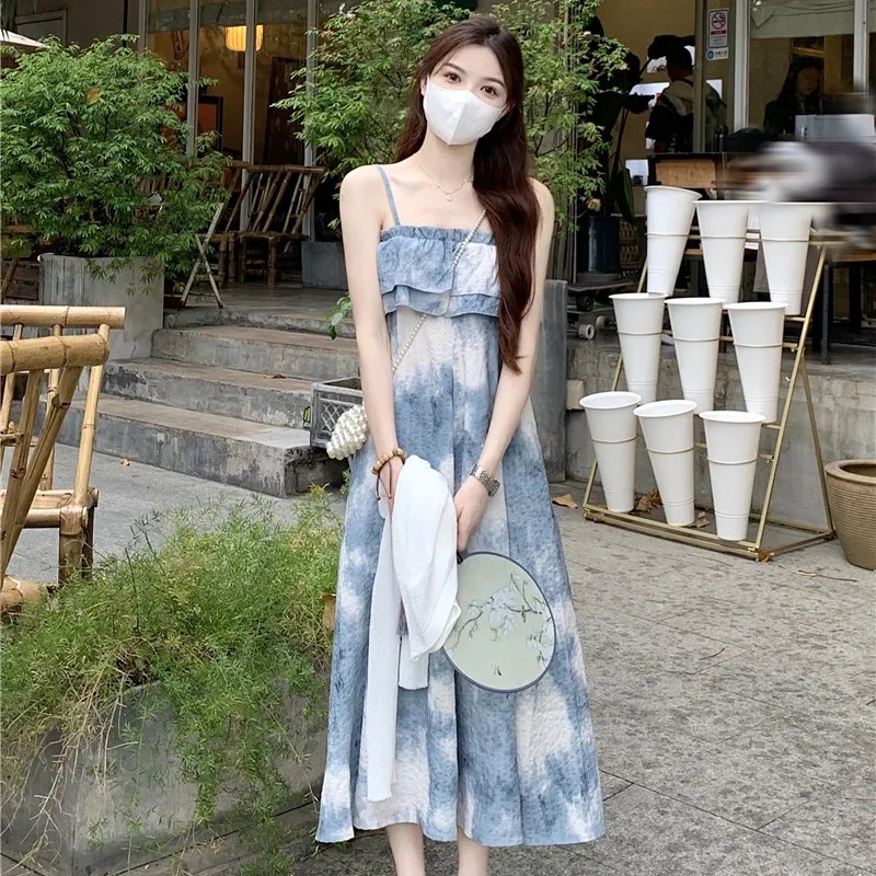 复古水墨晕染吊带长裙子女夏季温柔风高级感气质一字肩抹胸连衣裙