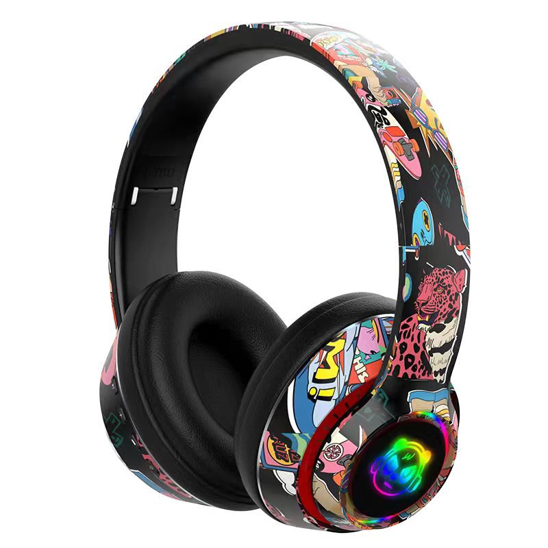Auriculares plegables con Bluetooth.Subwoofer con grafitis de colores.Auriculares deportivos inalámbricos.
