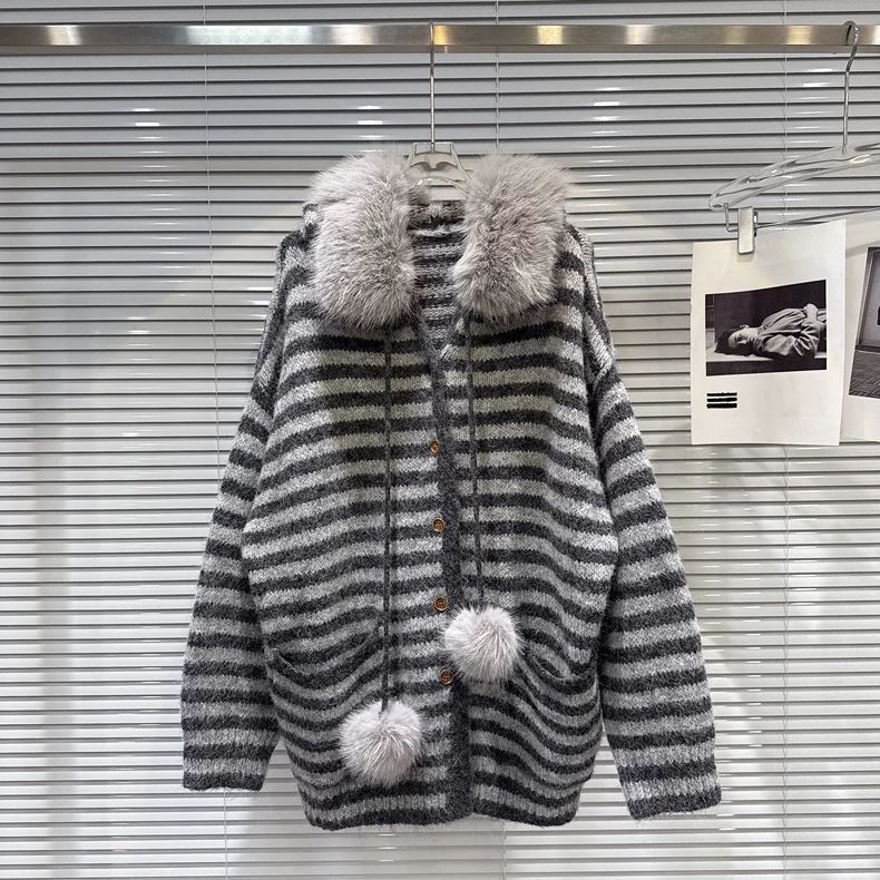 Trendy Autumn and Winter New Sweet Cool Spicy Girl Fur Hooded Collar Striped Knit Sweater Cardigan for Women