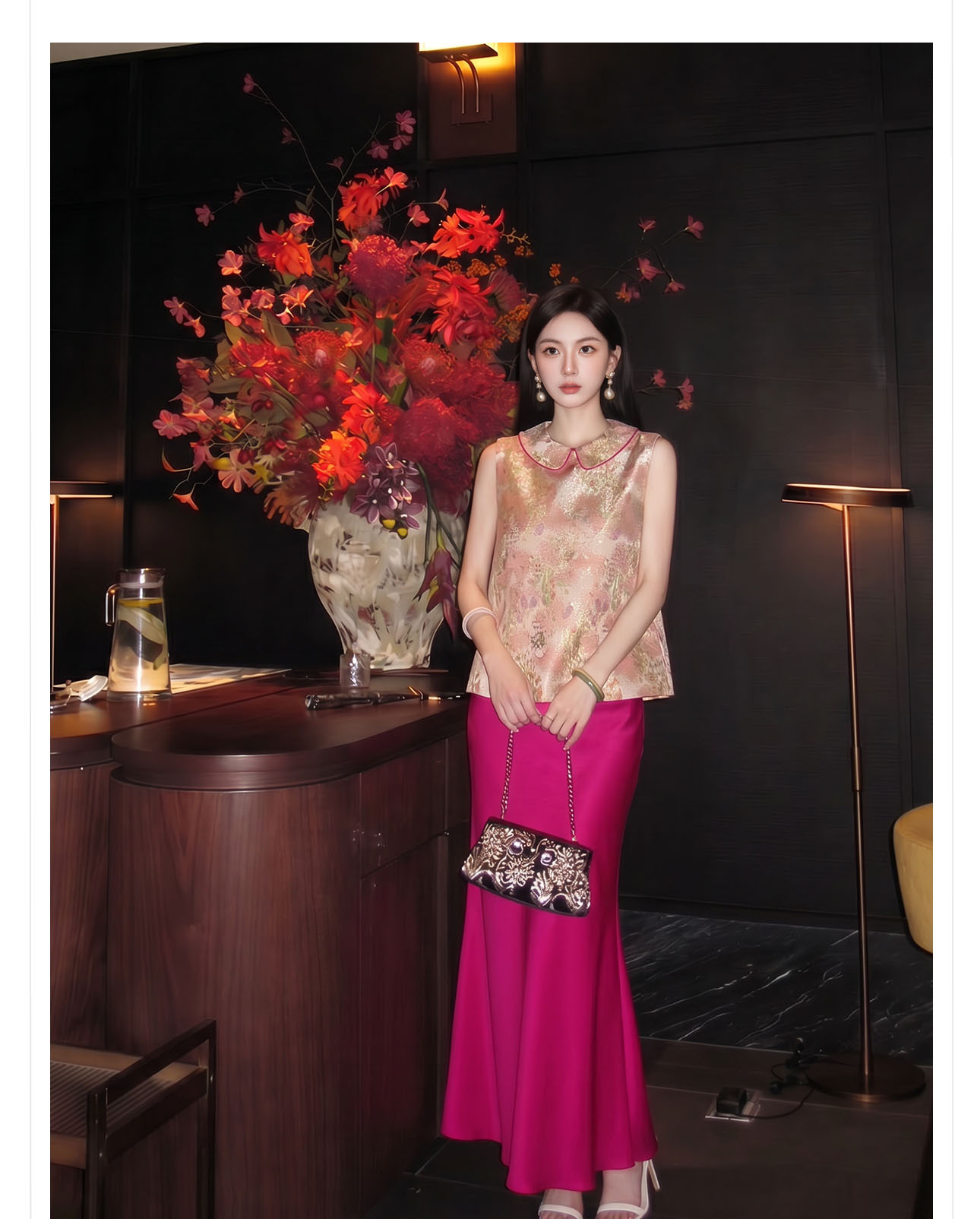 Bộ áo gile + chân váy nữ phong cách Trung Hoa mới, chất liệu jacquard cao cấp, form thắt eo thanh lịch — Áo khoác Carmine, Trang phục [Áo khoác màu hồng+váy đỏ], Màu đỏ nửa váy chi tiết 7