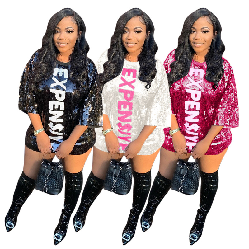 H195 European and American cross-border source round neck sleeve hip loose sexy ladies long dress