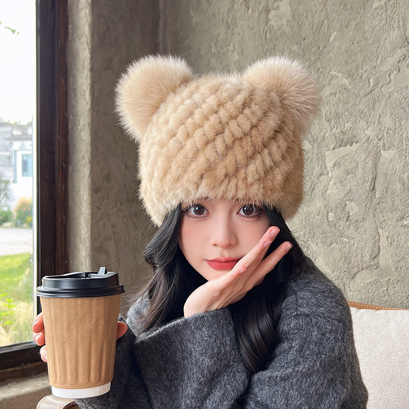 캐주얼 귀여운 밍크 모피 땋은 모피 모자 겨울 따뜻한 여우 모피 볼 볼 귀 보호 부모-자식 리얼 모피 모자