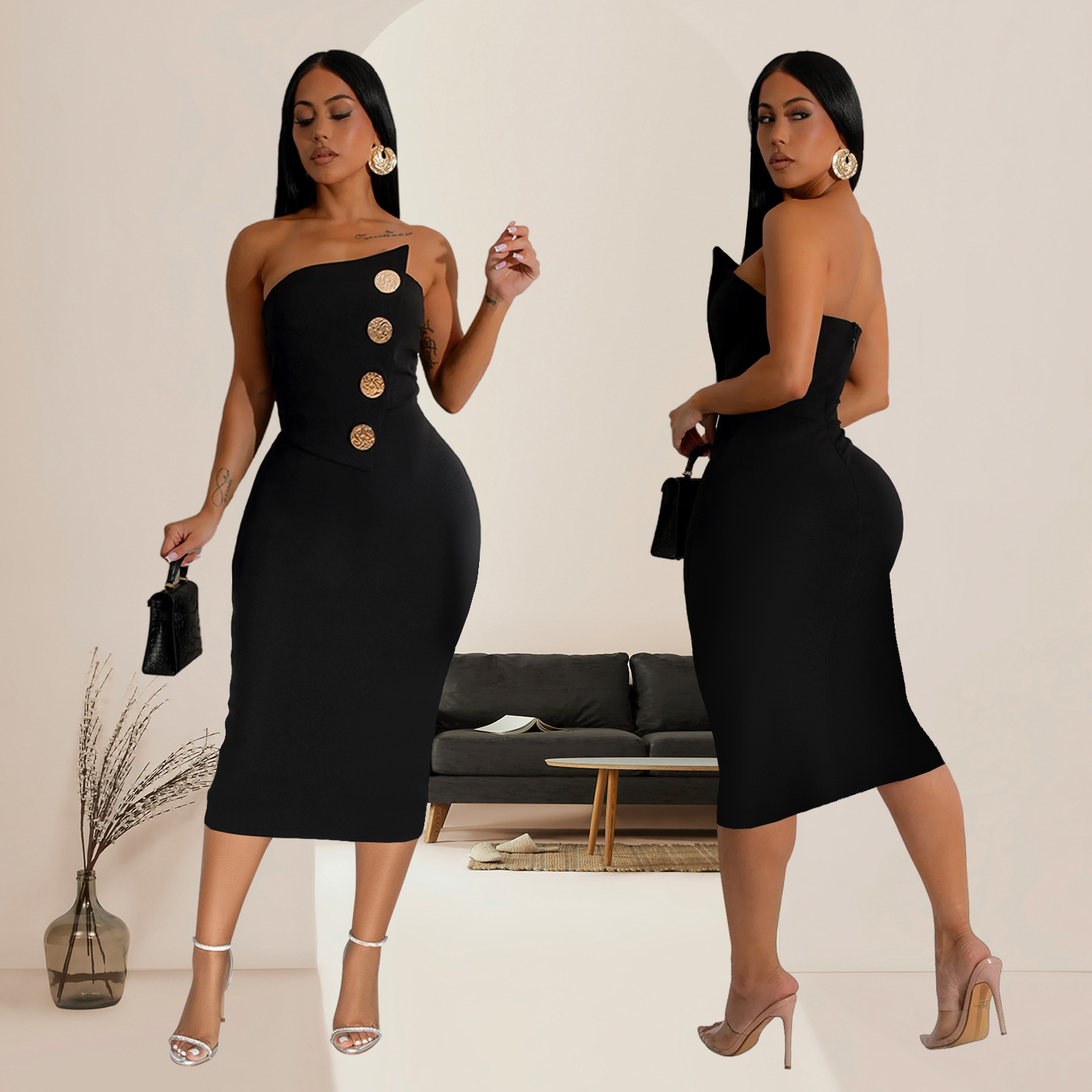 C7326 Cross-border AliExpress Amazon Moda europea y americana Vestido de mujer sexy con top de tubo y botones