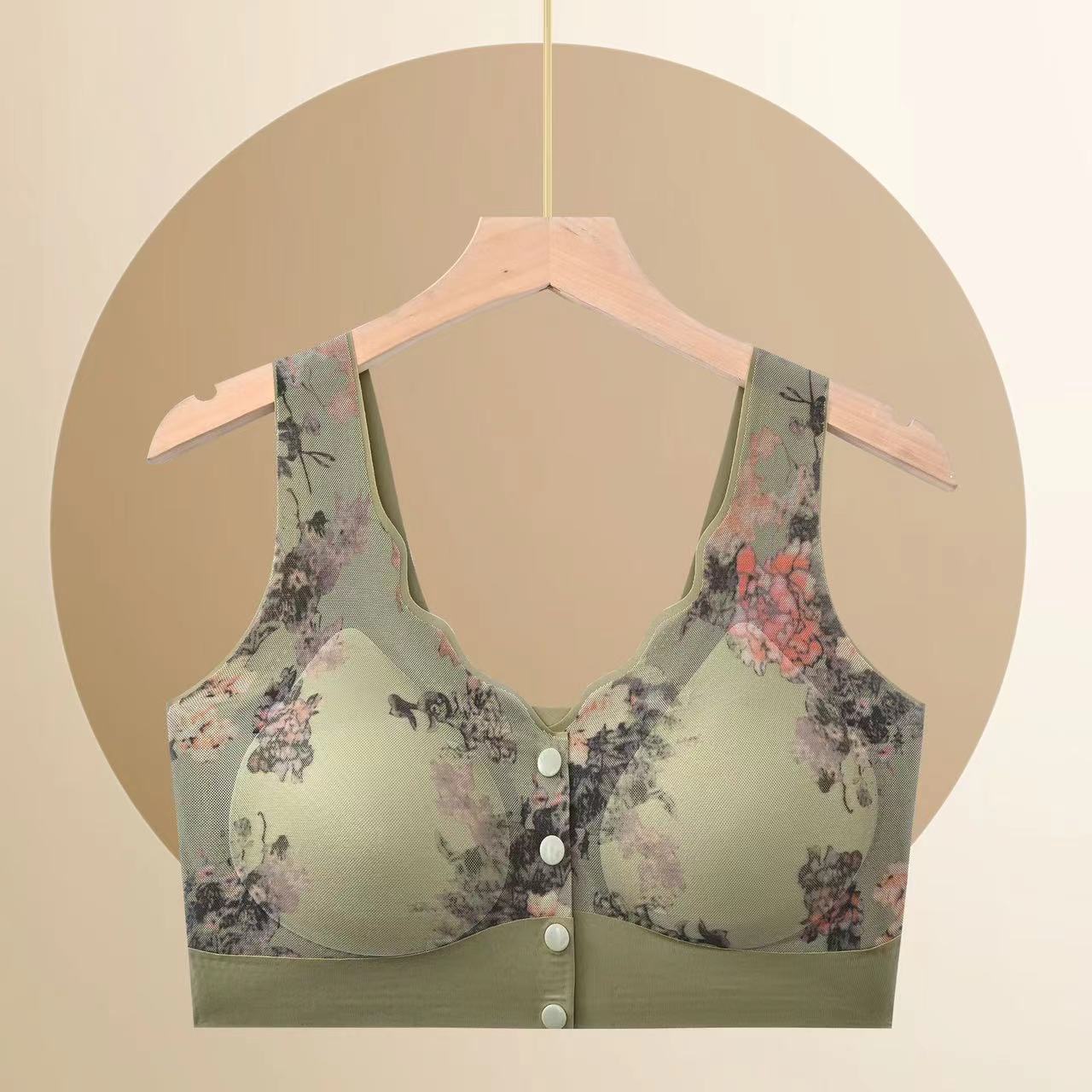 Mamá botón frontal impresa sin marca ropa interior suave sin anillo de acero se reúne para cerrar el pecho de verano delgado de espalda belleza sujetador mujer