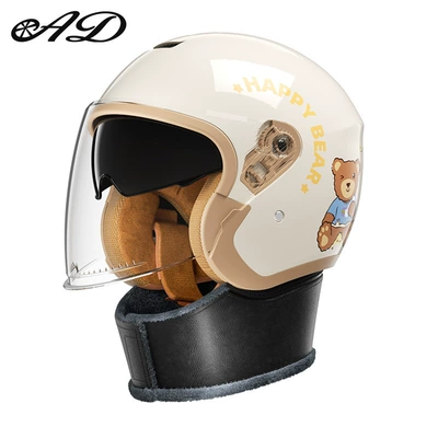 New National Standard 3C Certified Motosiklet kaskı (dəbilqə) - 3c-beige-bear-scarf-style-hd-mirror-one-size-fits-all-54-60-head-circumference