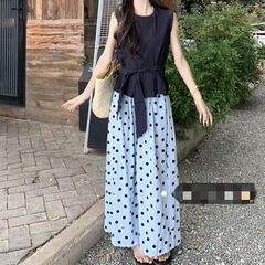 韓国スタイルのレースアップウエストレースシャツ水玉模様のワイドレッグカジュアルパンツ 2025 夏の新しいファッションスーツ女性のための