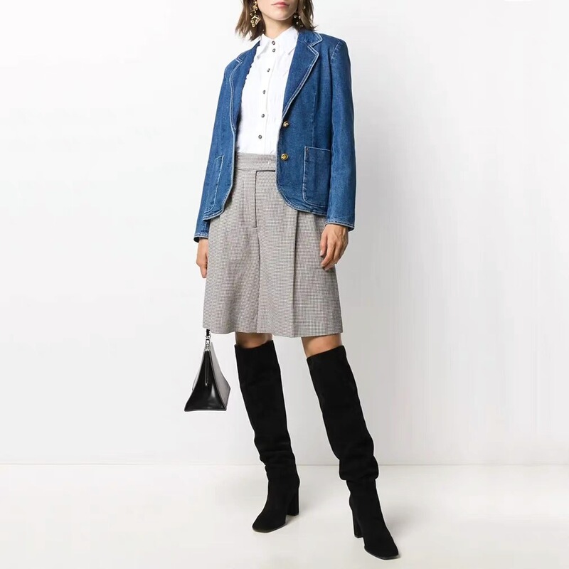 American Style TB Women's Micro-elastic Slim-fit Simple Fashion Denim Suit Jacket INDIGO Blue Washing Water