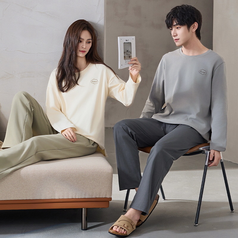 Pijamas de pareja de algodón primavera y otoño pantalones de mangas largas para hombres estriados ropa casera casual para mujeres primavera y otoño