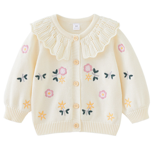 2024 Korean version spring and autumn lapel knitted cardigan for children and middle-aged children with embroidery and embroidery children's sweater jacket wholesale