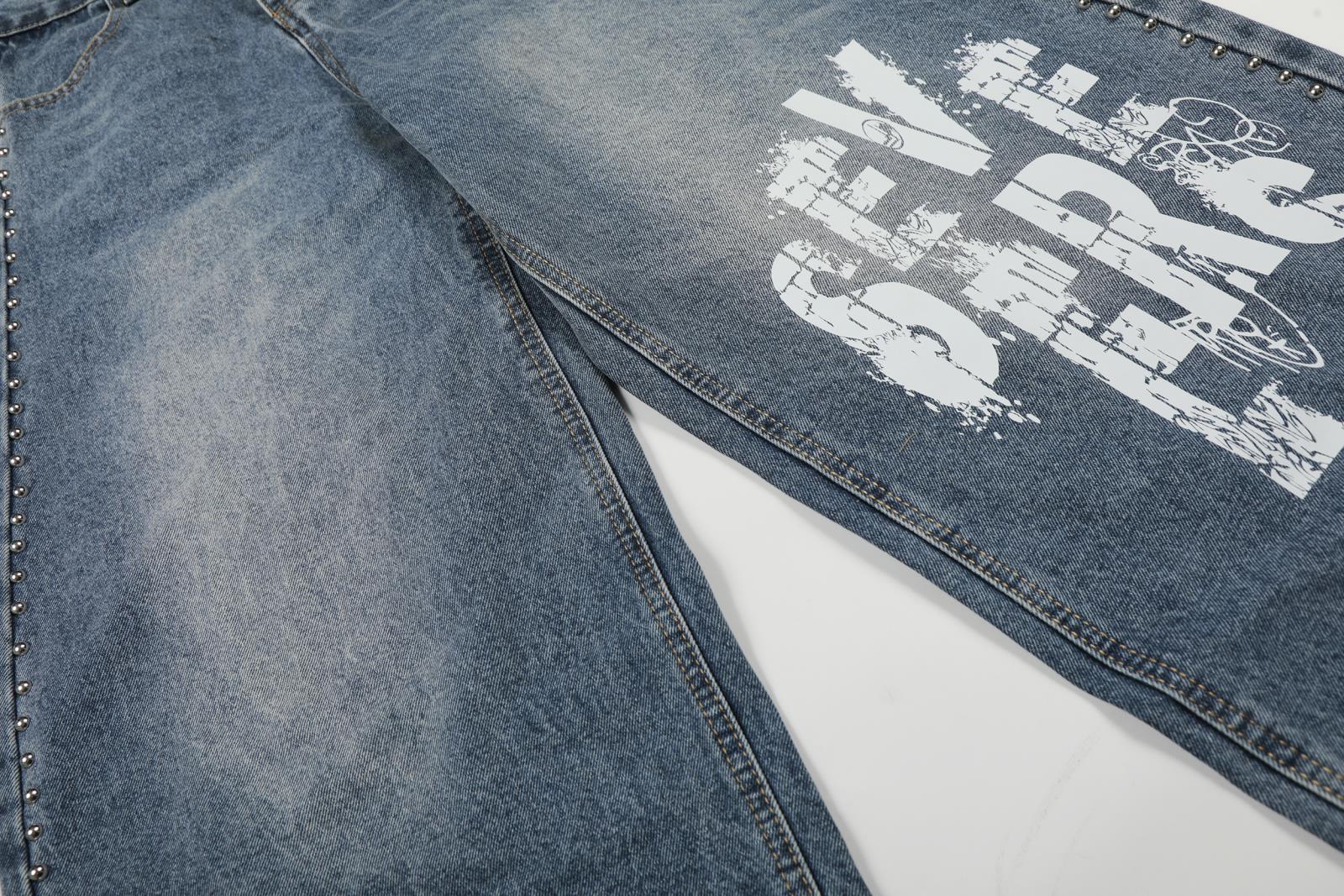 Streetwear Letter Print Jeans For Men – Relaxed Straight-Leg Denim Pants With Distressed Design, Unisex Casual Trousers (Black/Blue, S-XL)_mkmklike.com