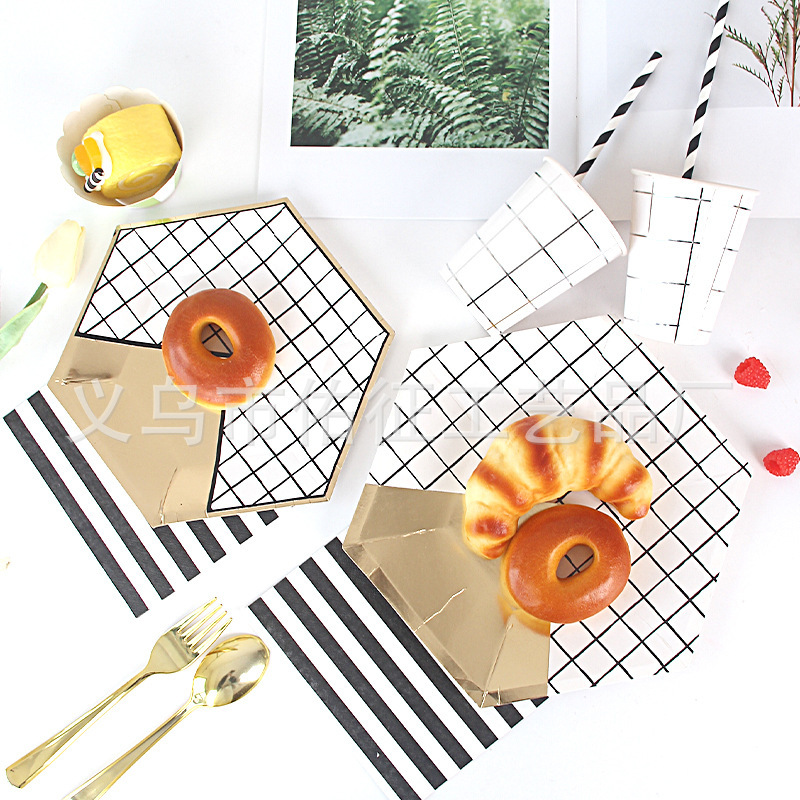 Special Offer Disposable Gold-Stamped Black Checkered Hexagonal Paper Plates Cake Plates Fruit Plates Party Tableware